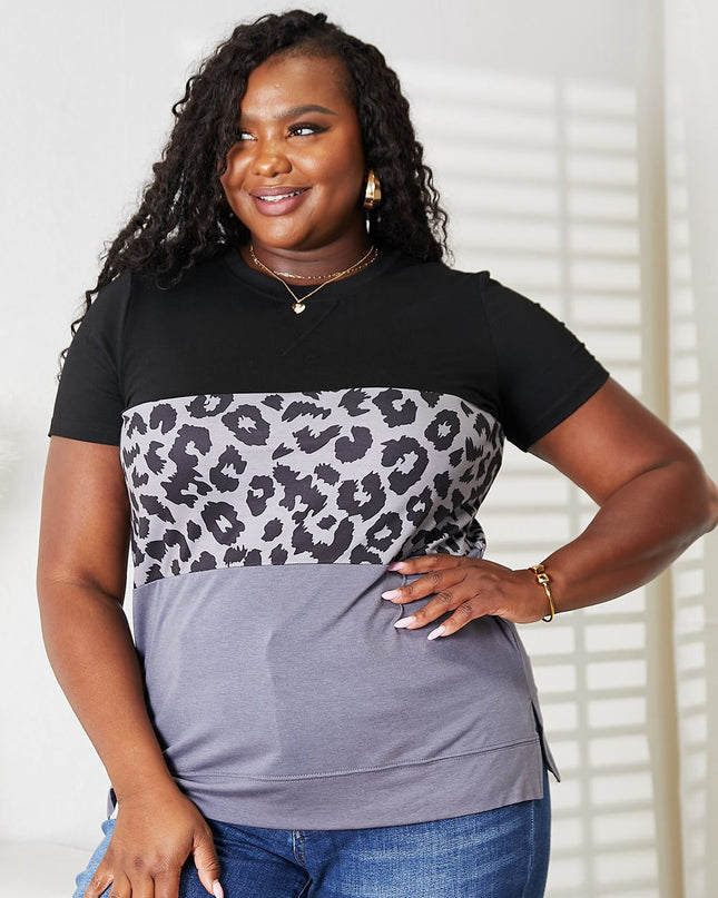 Double Take Leopard Print Color Block Short Sleeve T-Shirt Black