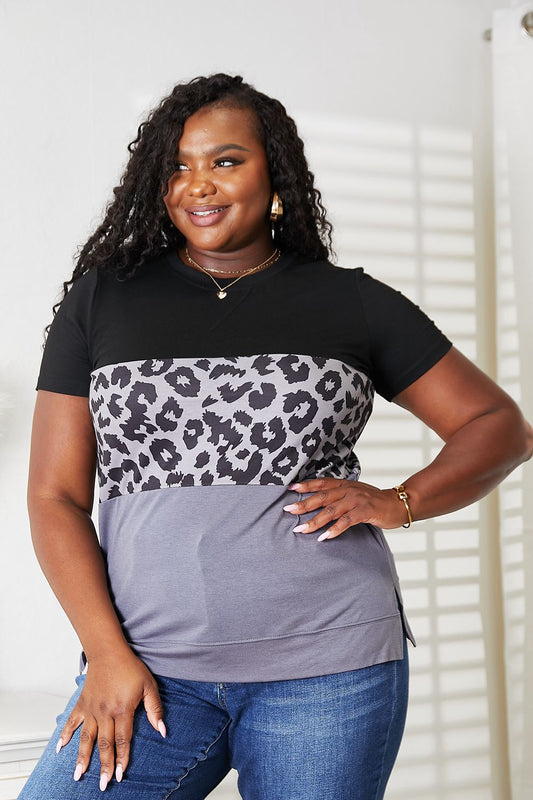 Double Take Leopard Print Color Block Short Sleeve T-Shirt Black