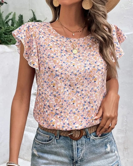 Ditsy Floral Round Neck Cap Sleeve Top