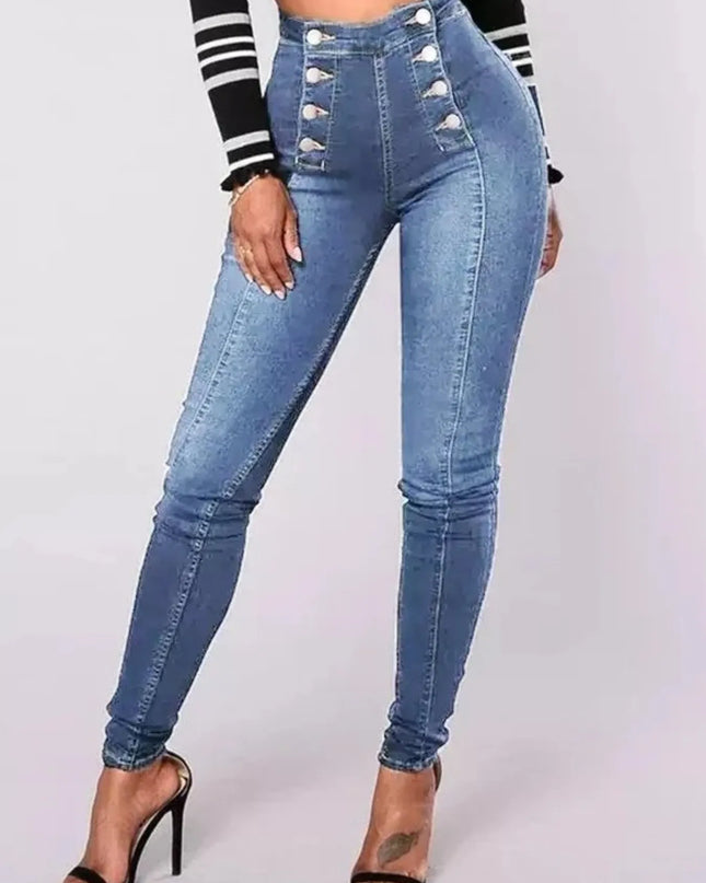 Full Size High-Waisted Double-Breasted Skinny Jeans Plus Size Light Blue