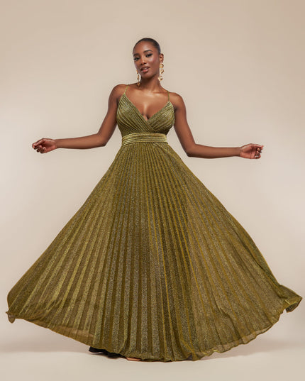 Sleeveless Pleated A Line Lurex Maxi Dress - Pink by Goddiva - DR4494