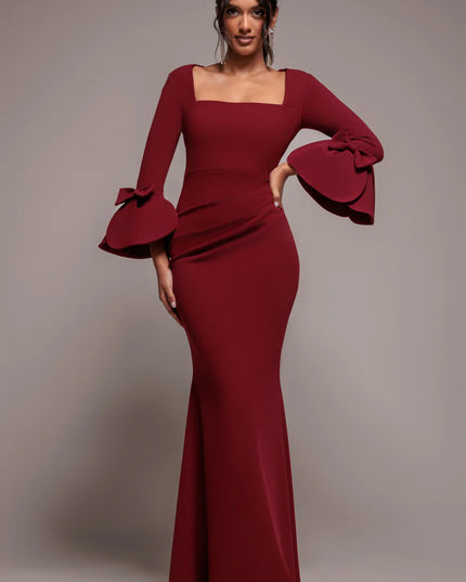 Petal Bow Sleeve Frill Maxi Dress - - DR4767
