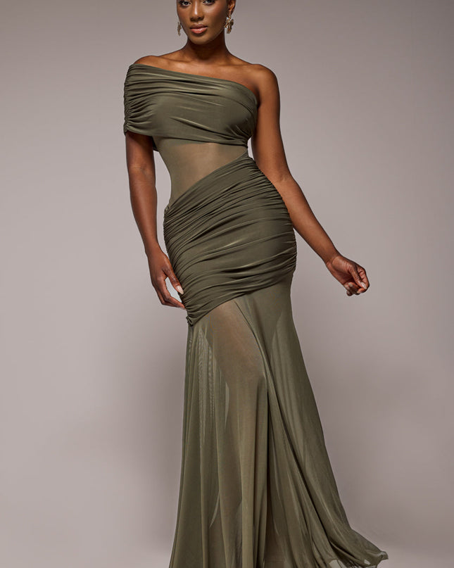 Gathered One Shoulder Sheer Panel Maxi Dress - Wine by Goddiva - DR4828.