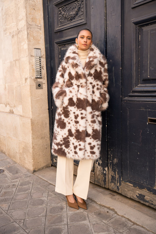 Cow Print Faux Fur Coat
