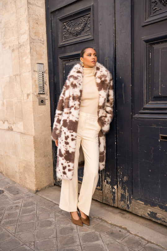 Cow Print Faux Fur Coat L