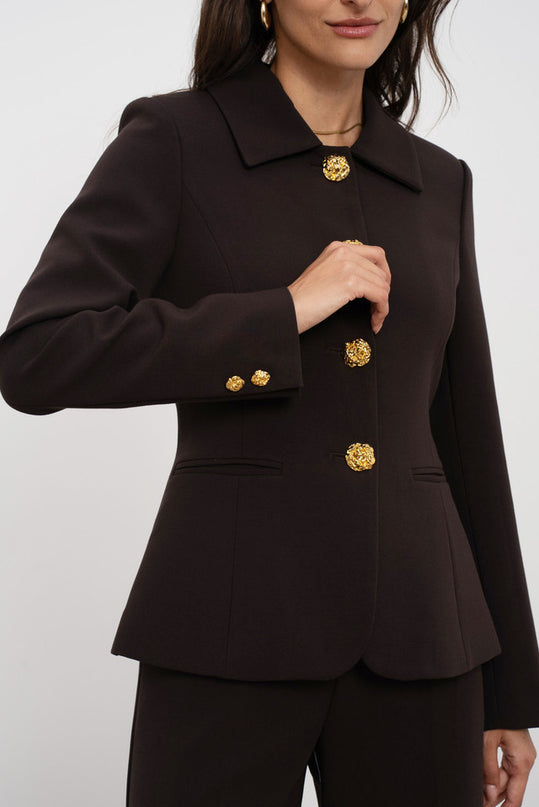Embossed Button Tailored Blazer With Collar Coffee