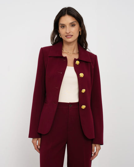 Embossed Button Tailored Blazer With Collar Wine
