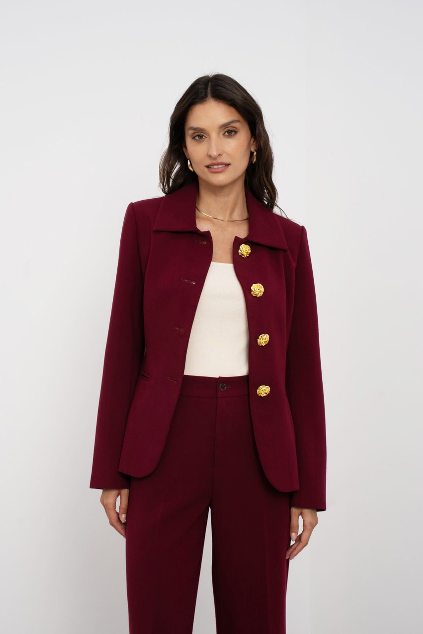 Embossed Button Tailored Blazer With Collar Wine