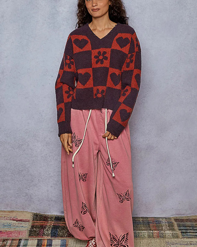 POL V-Neck Heart Pattern Checkered Sweater