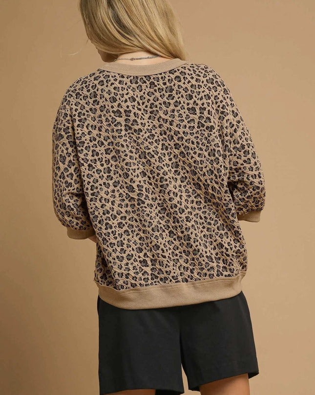 Umgee Leopard Knit Jacquard Puff Sleeve Sweatshirt