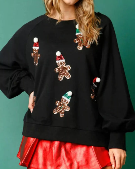 Christmas Sequin Gingerbread Round Neck Sweatshirt Black