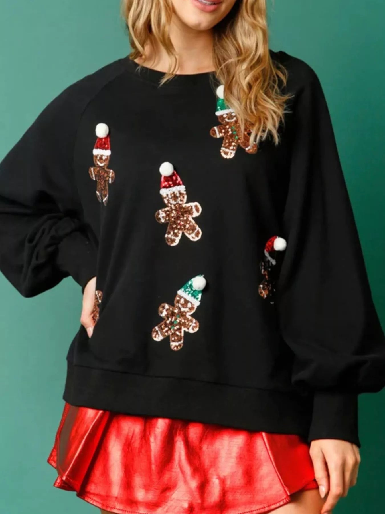 Christmas Sequin Gingerbread Round Neck Sweatshirt Black