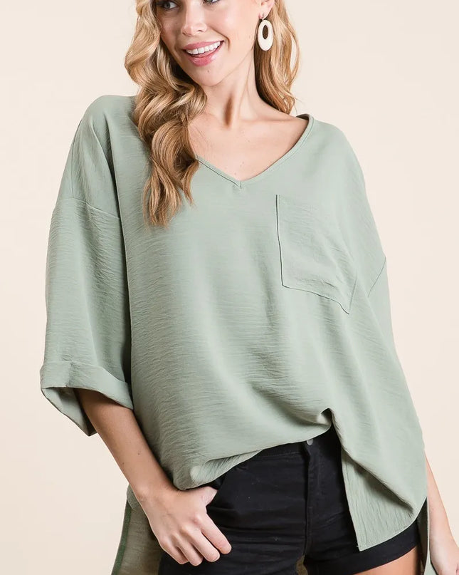 BiBi Flowy Woven V-Neck Top with Rolled Up Cuffs SAGE