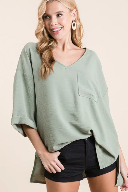 BiBi Flowy Woven V-Neck Top with Rolled Up Cuffs SAGE