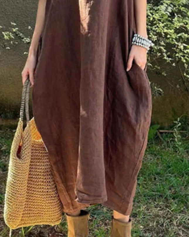 Full Size Casual Loose Fit Round Neck Midi Dress Plus Size