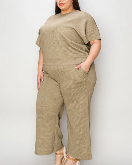 Double Take Full Size Texture Short Sleeve Top and Pants Set