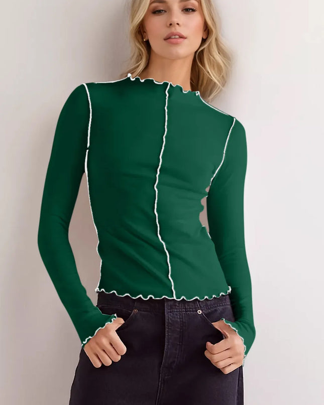Basic Bae Contrast Trim Mock Neck Long Sleeve T-Shirt Dark Green