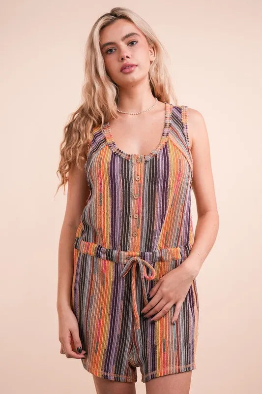 VERY J Crochet Multi Color Striped Casual Summer Romper