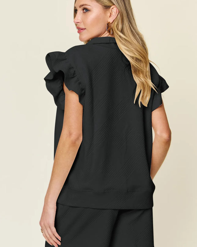 Double Take Full Size Texture Flounce Sleeve Top and Drawstring Shorts Set