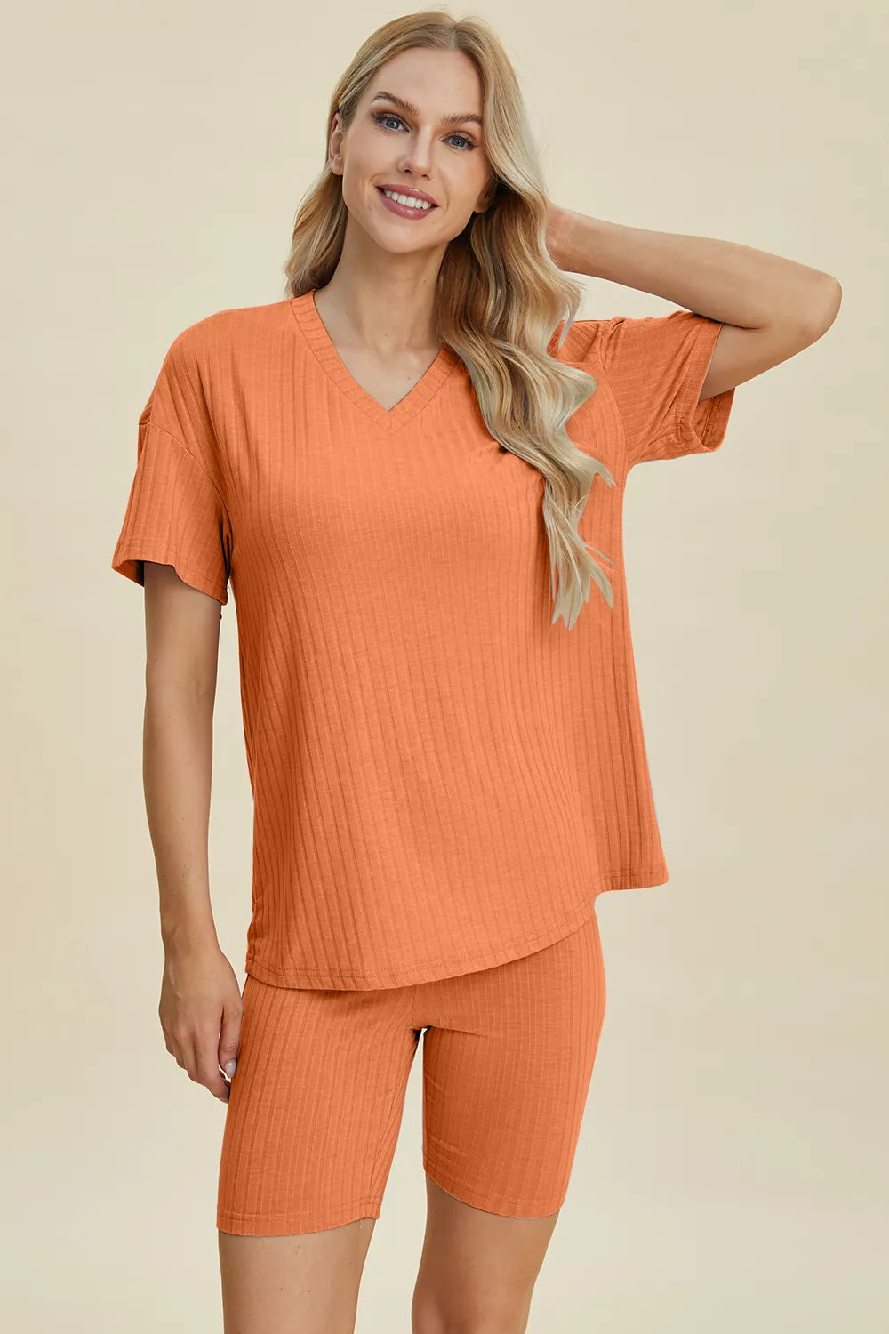 Basic Bae Full Size Ribbed V-Neck Short Sleeve Top and Shorts Set Tangerine