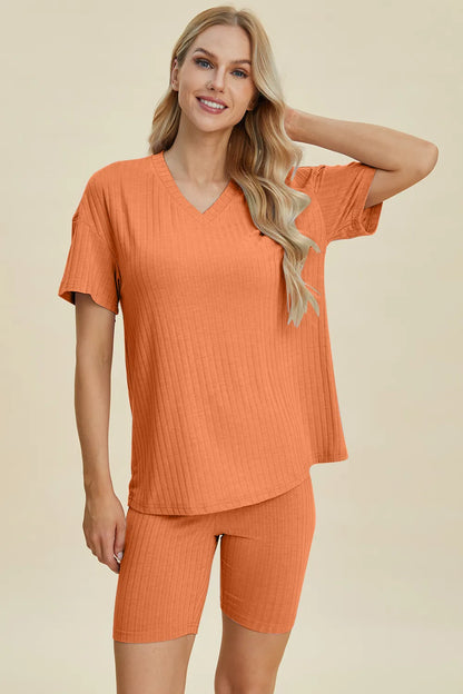 Basic Bae Full Size Ribbed V-Neck Short Sleeve Top and Shorts Set Tangerine
