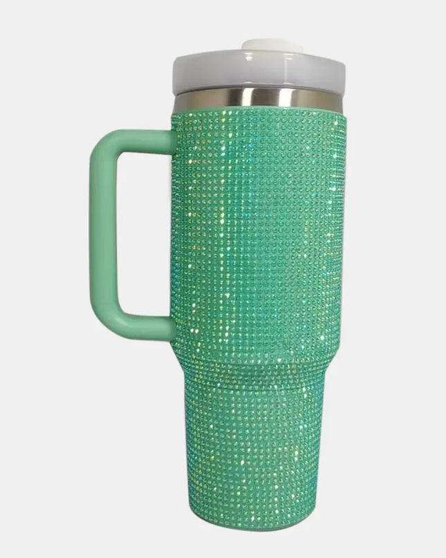 Rhinestone Stainless Steel Tumbler with Straw Green One Size