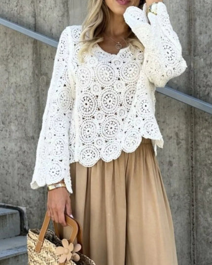 Crochet Lace V-Neck Bell Sleeve Knit Top