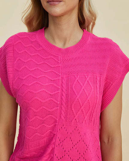 Double Take Full Size Cable-Knit Round Neck Cap Sleeve Sweater