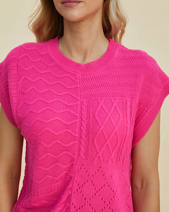 Double Take Full Size Cable-Knit Round Neck Cap Sleeve Sweater