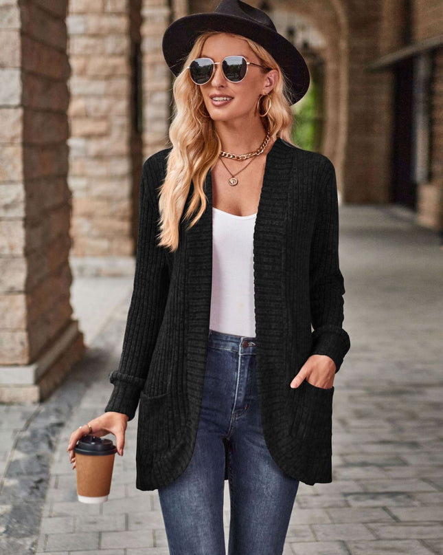 Open Front Cardigan with Pockets Black