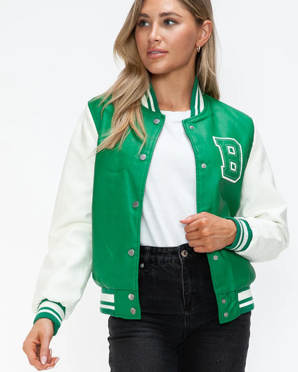 Love Me Now PU Leather Contrast Snap Down Bomber Jacket