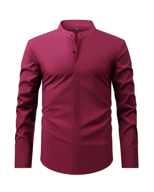 Men's Full Size Stand Collar Button Down Shirt Plus Size Wine Red