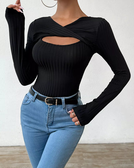 Twist Front Cutout Ribbed Long Sleeve T-Shirt