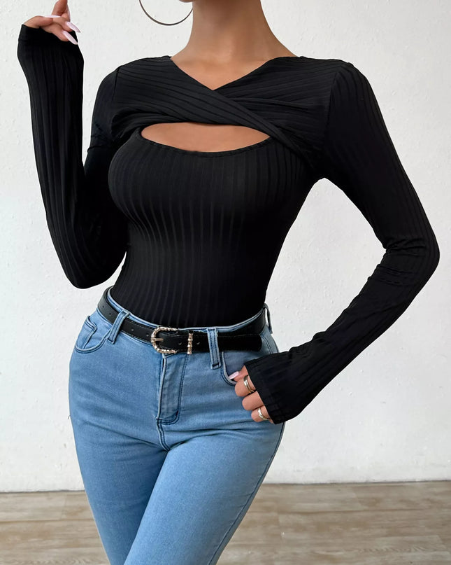 Twist Front Cutout Ribbed Long Sleeve T-Shirt