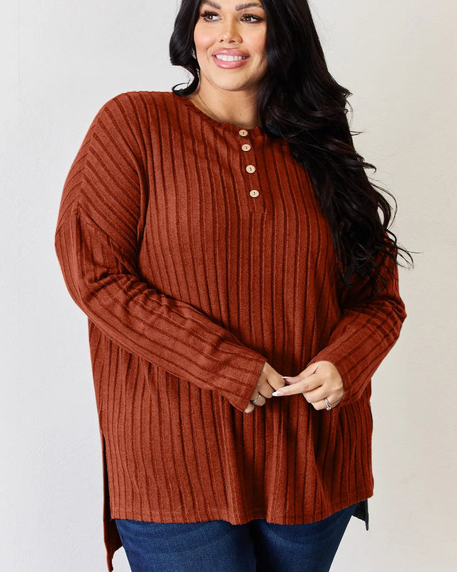 Basic Bae Full Size Ribbed Half Button Long Sleeve High-Low T-Shirt