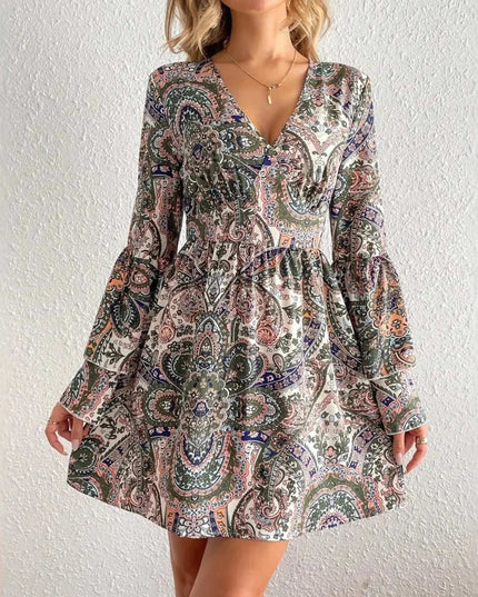Paisley Print Bell Sleeve Mini Dress