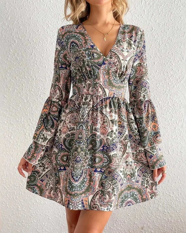 Paisley Print Bell Sleeve Mini Dress