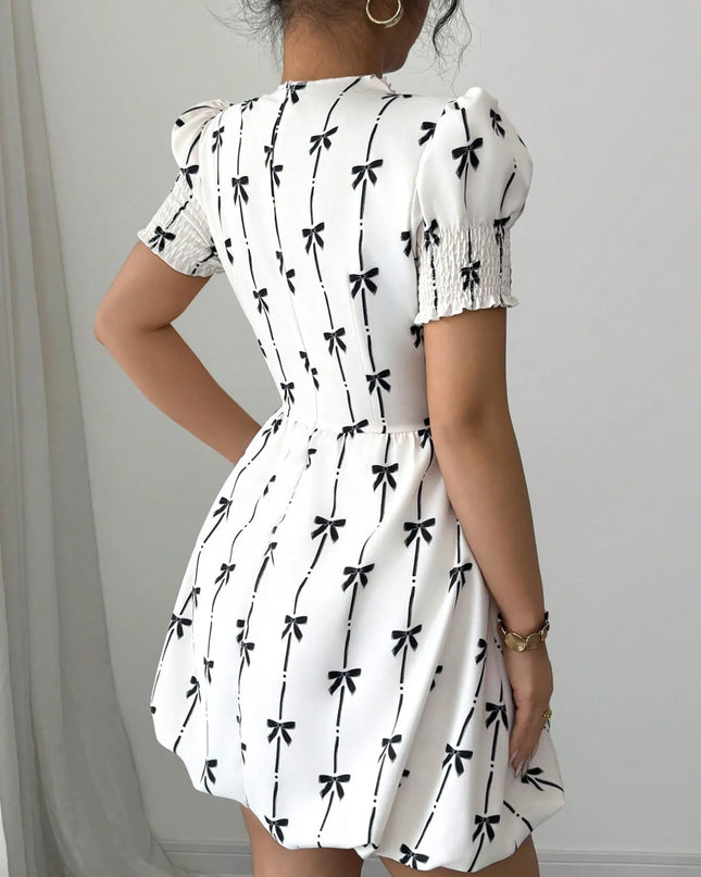 Smocked Bow Print Short Sleeve Dress