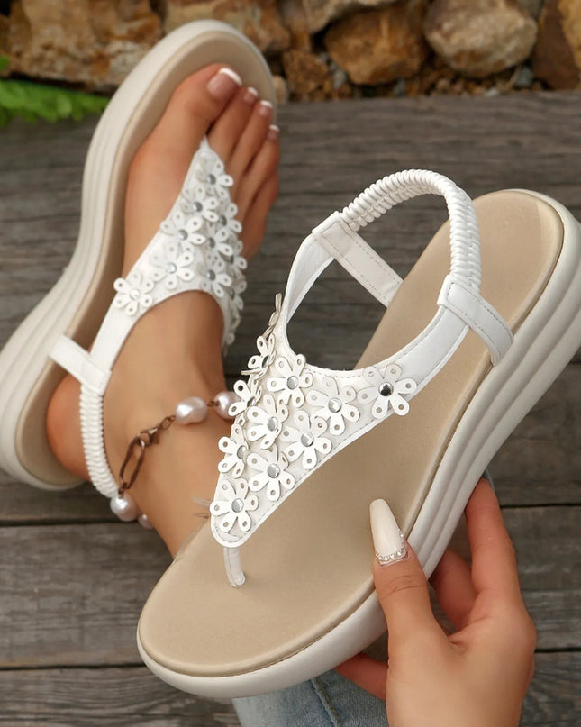Studded T-Strap Wedge Sandals 