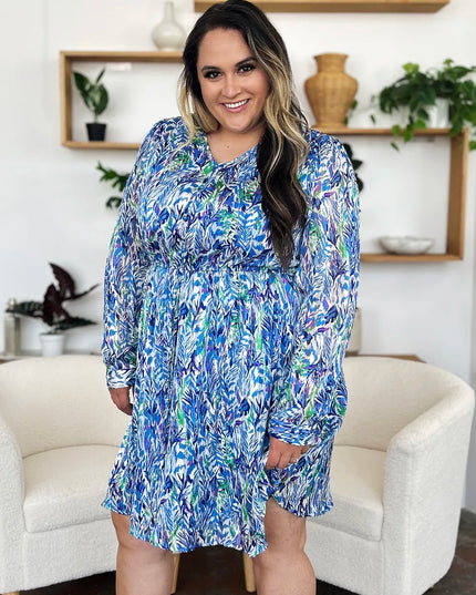 Double Take Full Size Printed Drawstring Waist Long Sleeve Dress