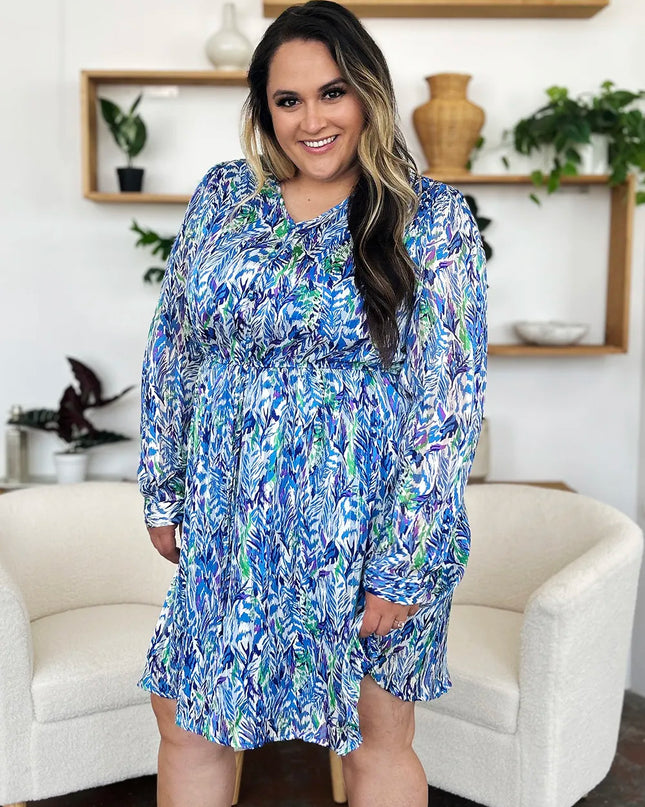 Double Take Full Size Printed Drawstring Waist Long Sleeve Dress