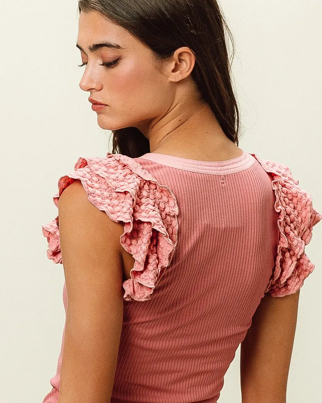 BiBi Rib Knit With Textured Ruffled Top