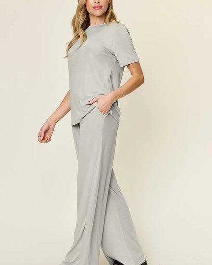Double Take Full Size Round Neck Short Sleeve T-Shirt and Wide Leg Pants Set