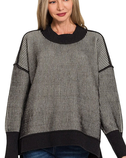 Zenana Exposed Seam Two Tone Ribbed Sweater BLACK