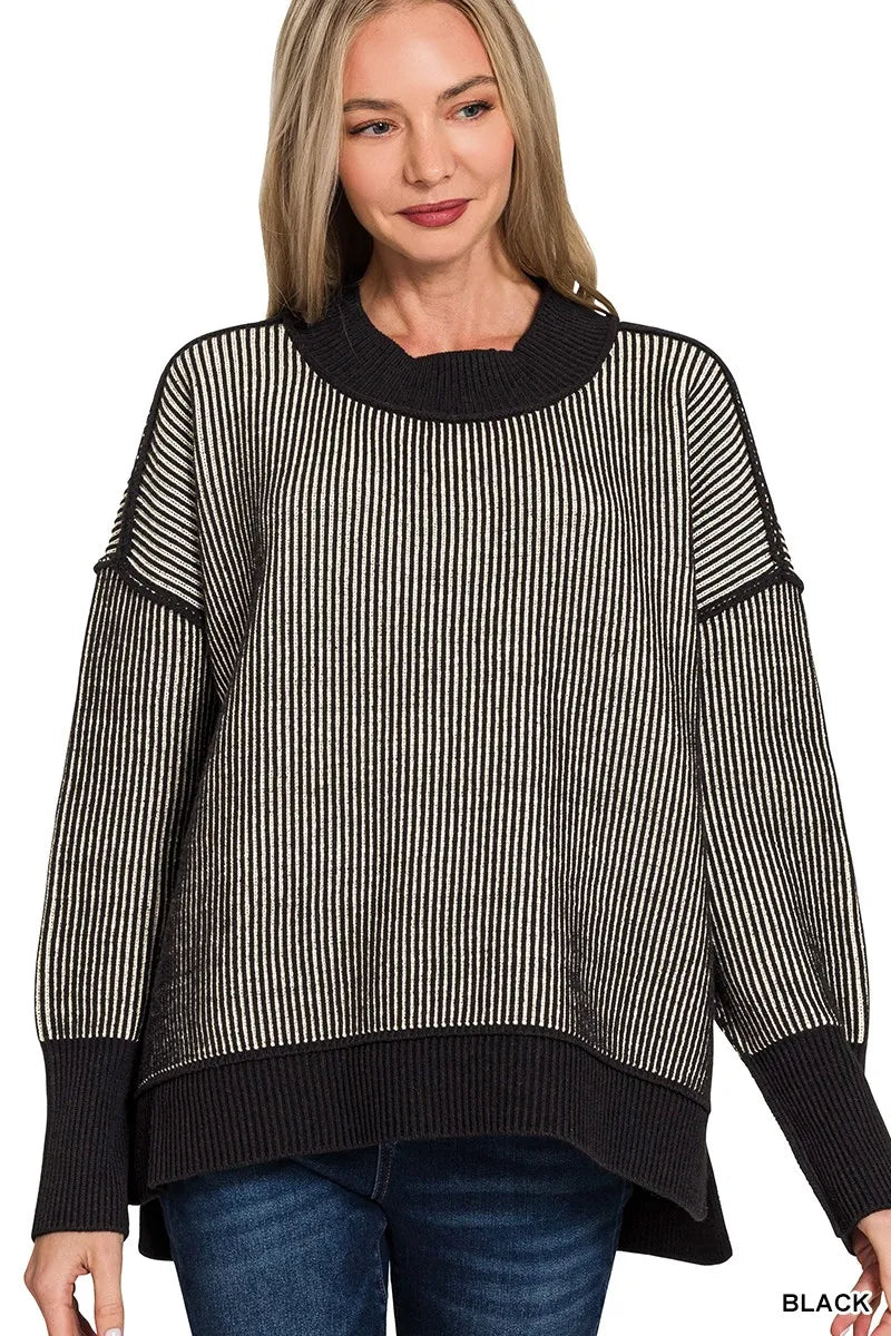 Zenana Exposed Seam Two Tone Ribbed Sweater BLACK