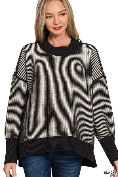 Zenana Exposed Seam Two Tone Ribbed Sweater BLACK