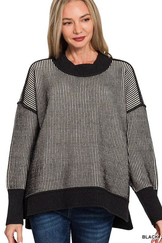 Zenana Exposed Seam Two Tone Ribbed Sweater BLACK