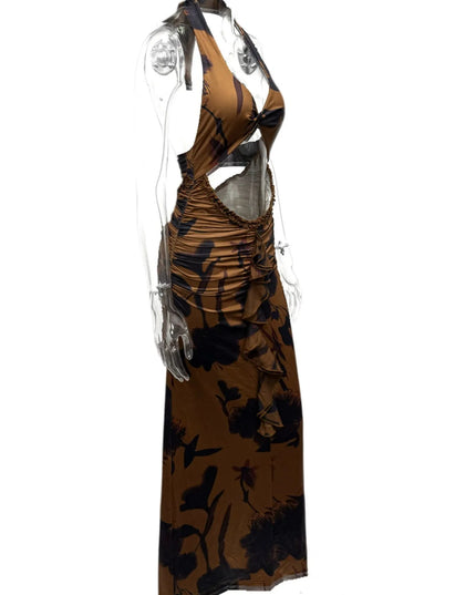Cutout Printed Halter Neck Maxi Dress