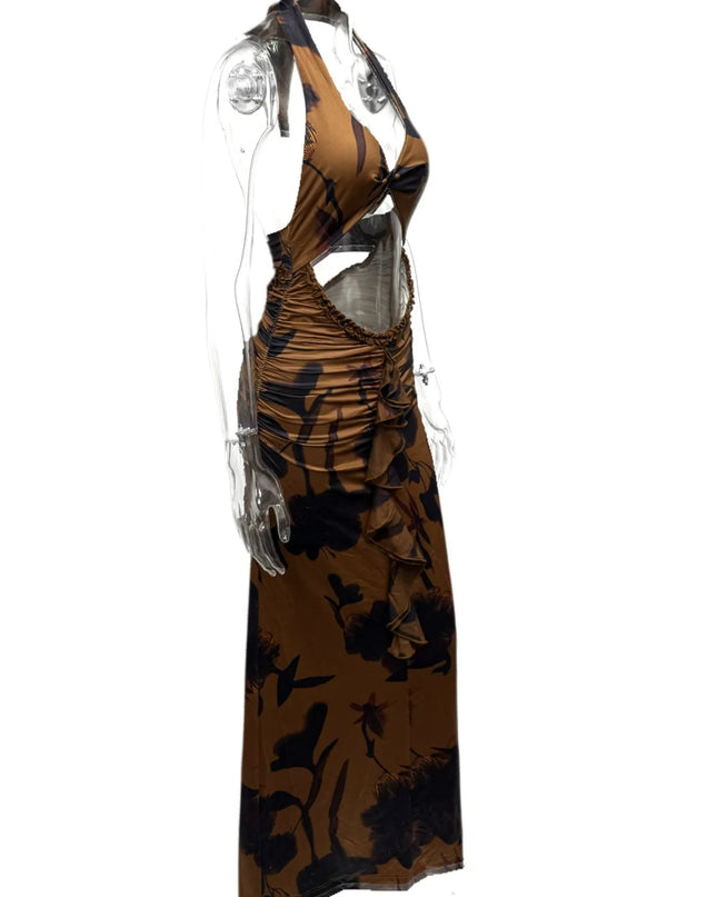 Cutout Printed Halter Neck Maxi Dress
