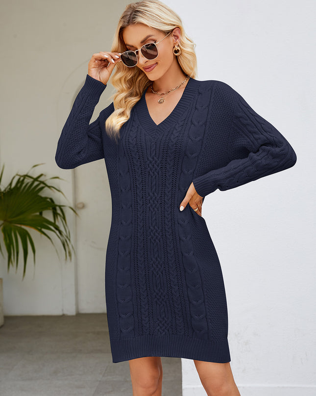 Cable-Knit V-Neck Mini Sweater Dress